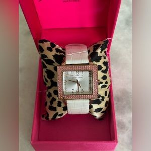Betsey Johnson Pink Rhinestone White Croc Watch